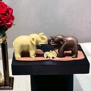 Hand Carved Stone Elephant Figurines Pair Natural Rock Sculpture Set Duo VG